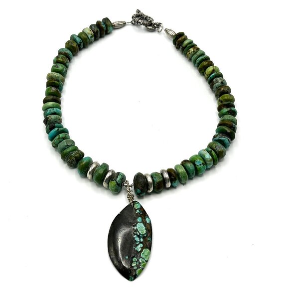 Vintage Sterling Silver & Turquoise Rondelle Necklace with Matrix Pendant — EUC - Picture 9 of 12